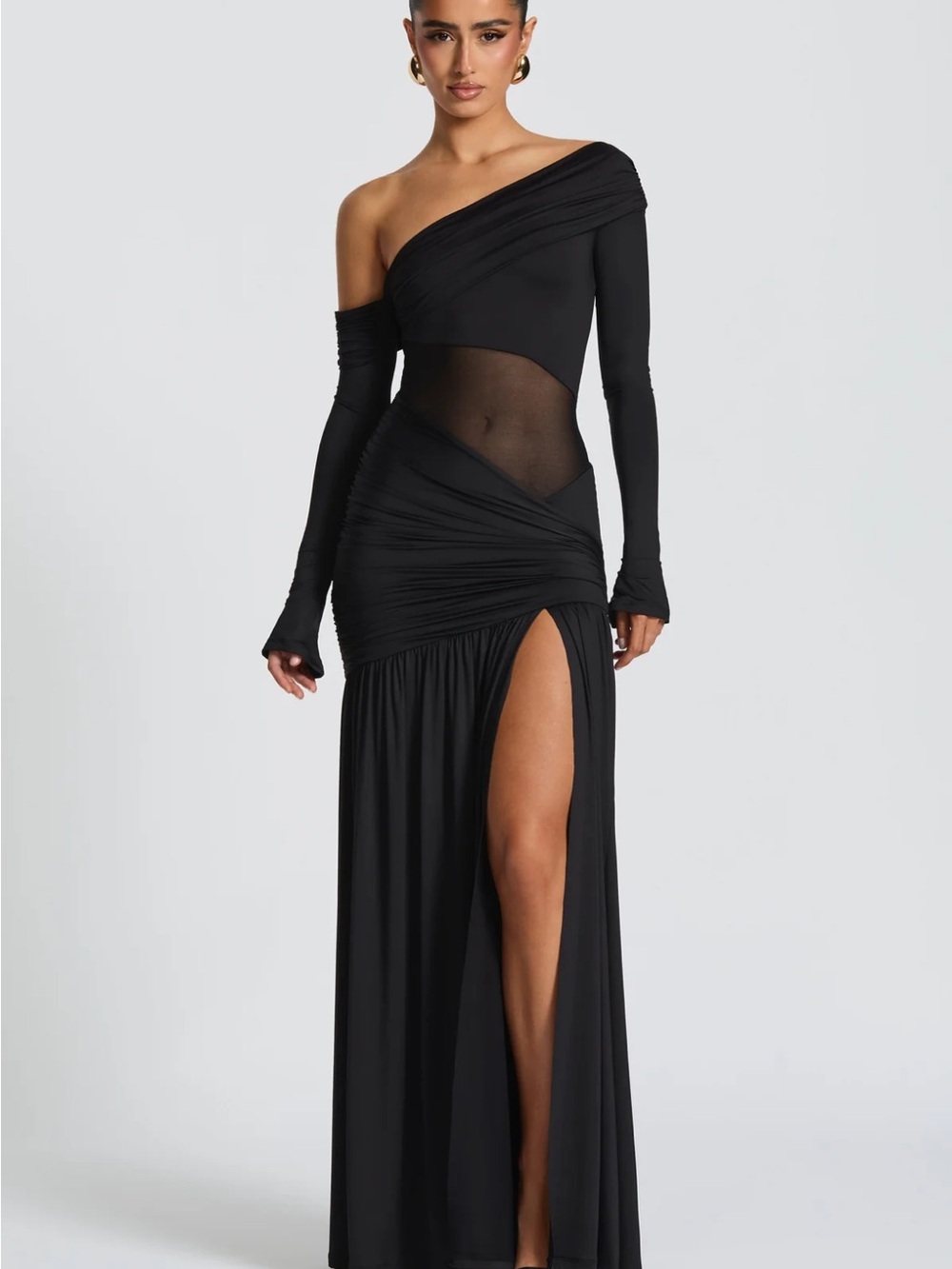 Black One-Shoulder Mesh-Paneled Maxi Dress